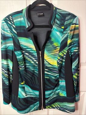 Hermann Lange Teal Aqua Black Zip Front Jacket Women Vintage Colorblock